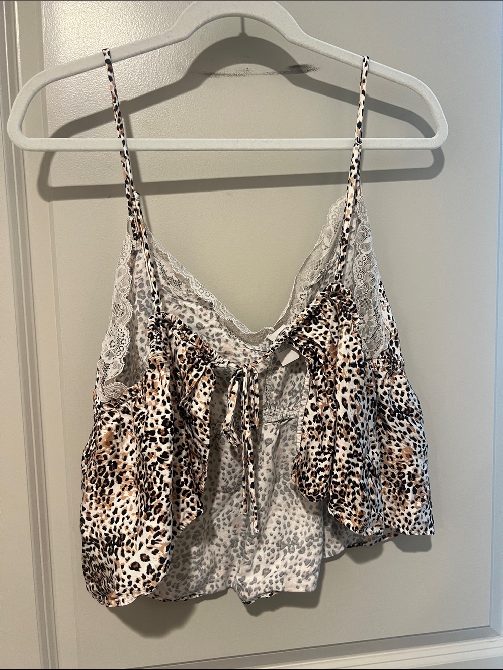 Leopard Print Lace Trim Cami & Shorts Sleep Set - White/Tan XL top L bottom - Picture 4 of 10